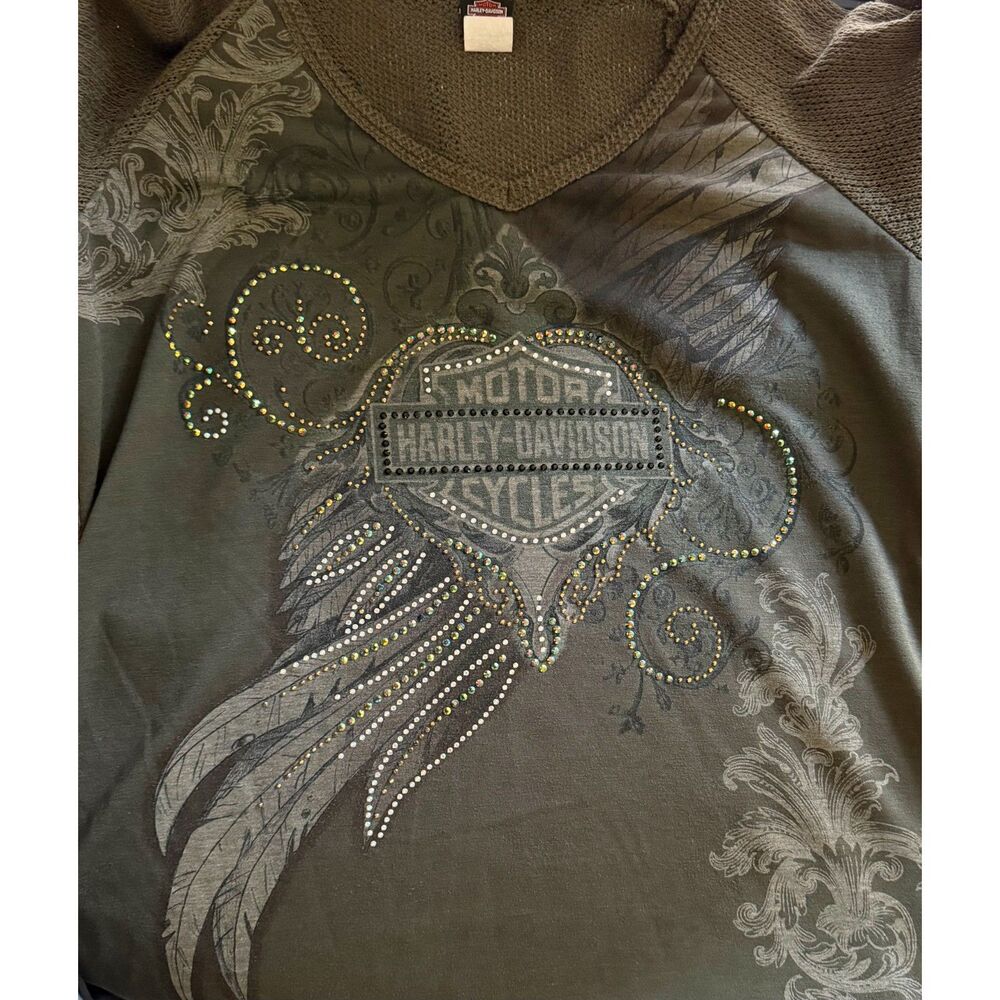 Authentic Harley Davidson Women's Green Knit Top 3/4 sleeve size XL